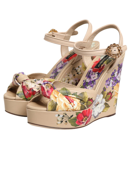 Dolce & Gabbana Beige Floral Ankle Strap Wedge Sandals