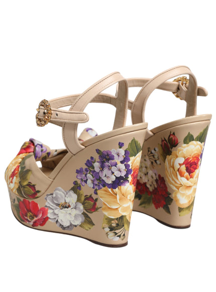 Dolce & Gabbana Beige Floral Ankle Strap Wedge Sandals