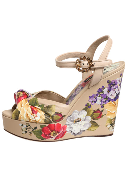Dolce & Gabbana Beige Floral Ankle Strap Wedge Sandals