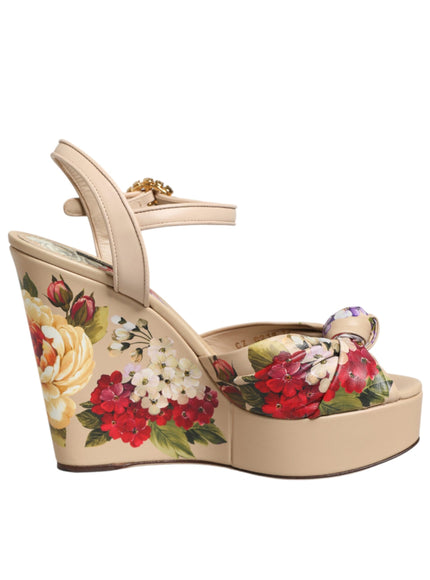 Dolce & Gabbana Beige Floral Ankle Strap Wedge Sandals