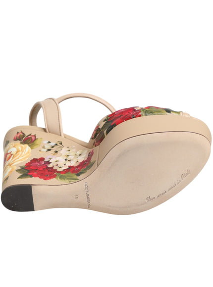 Dolce & Gabbana Beige Floral Ankle Strap Wedge Sandals