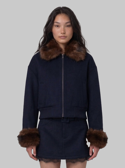 Self Portrait Short Coat With Fur Inserts Blue