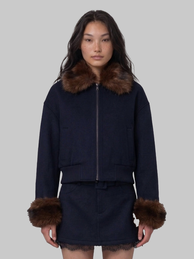 Self Portrait Short Coat With Fur Inserts Blue