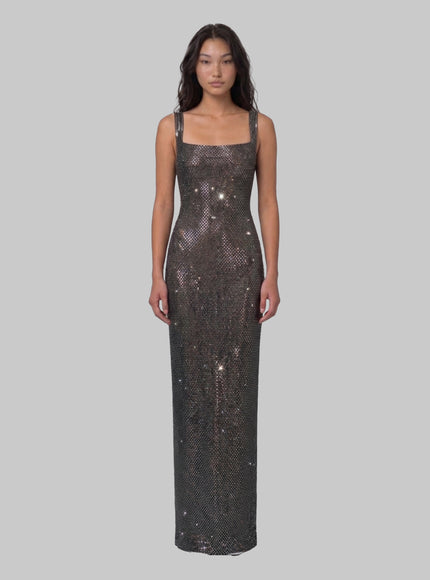 Self Portrait Gunmetal Square Maxi Dress With Rhinestones Grey