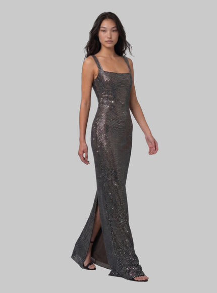Self Portrait Gunmetal Square Maxi Dress With Rhinestones
