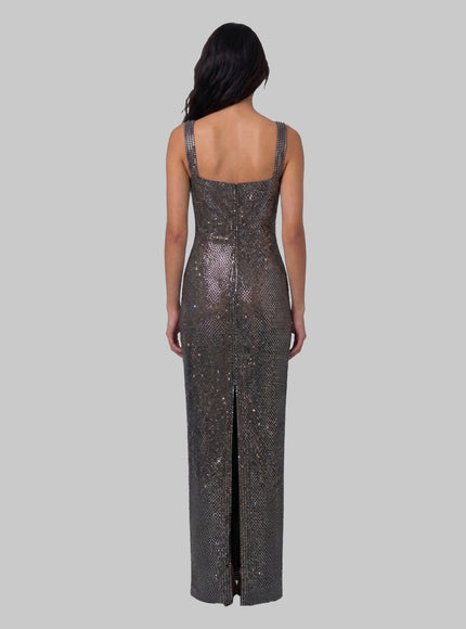 Self Portrait Gunmetal Square Maxi Dress With Rhinestones