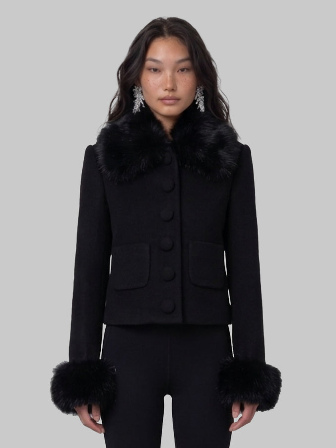 Self Portrait Short Coat With Faux Fur Inserts Black