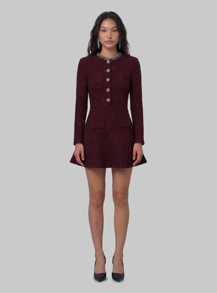 Self Portrait Burgundy Textured Knit Embellished Mini Dress Bordeaux