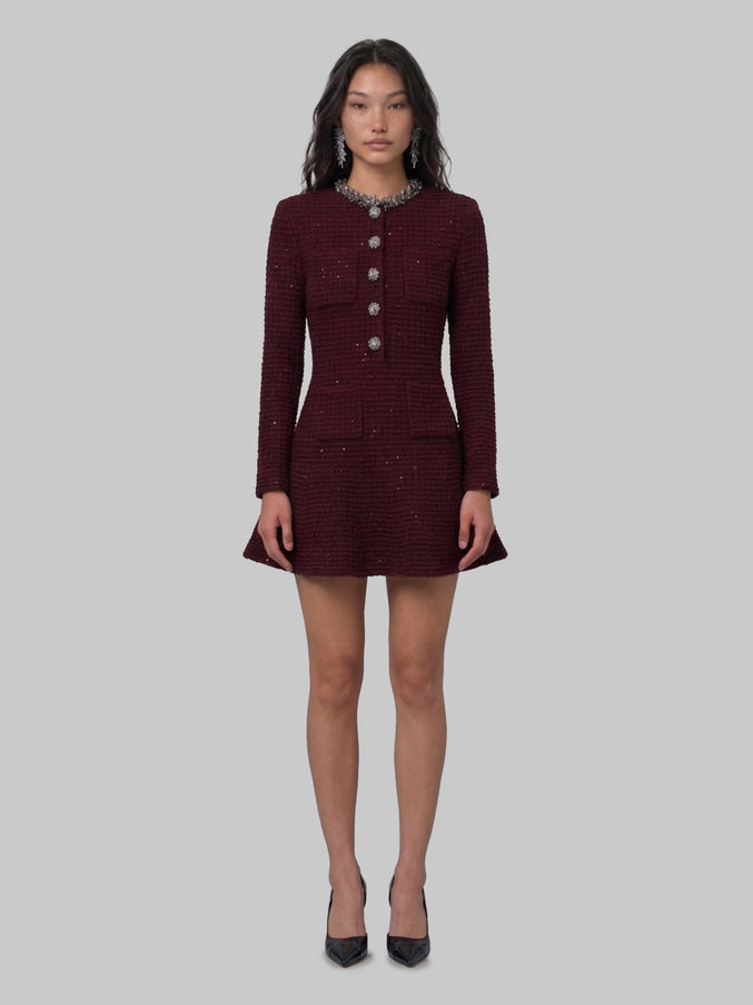 Self Portrait Burgundy Textured Knit Embellished Mini Dress Bordeaux