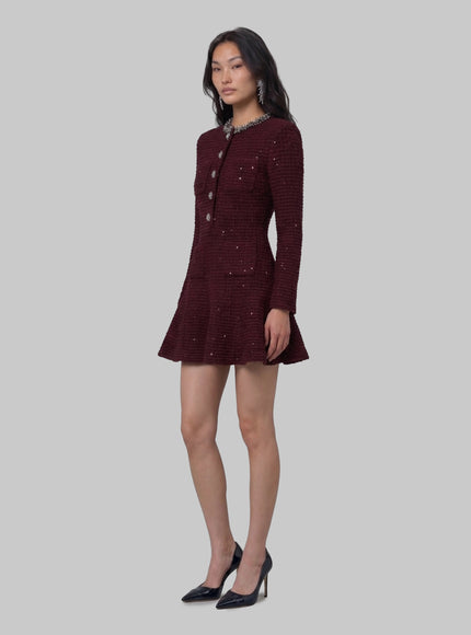 Self Portrait Burgundy Textured Knit Embellished Mini Dress