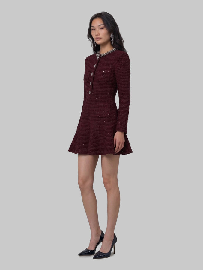 Self Portrait Burgundy Textured Knit Embellished Mini Dress