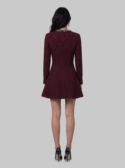 Self Portrait Burgundy Textured Knit Embellished Mini Dress
