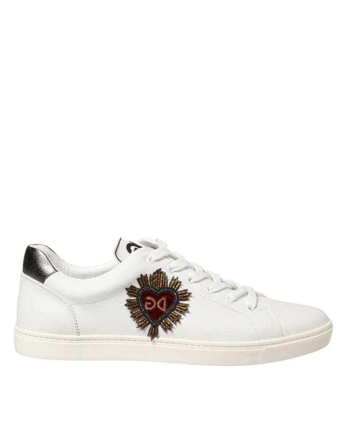 Dolce & Gabbana White Leather Heart Embellished Sneakers