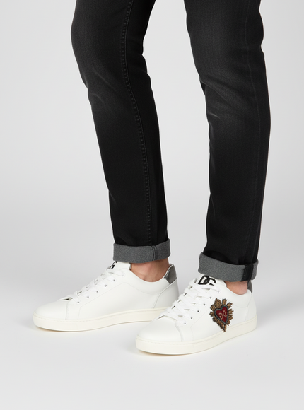 Dolce & Gabbana White Leather Heart Embellished Sneakers