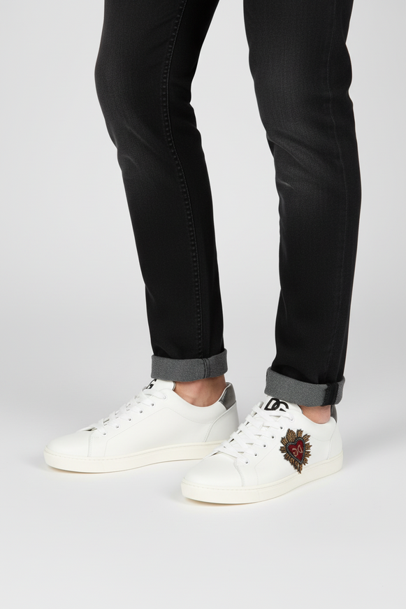 Dolce & Gabbana White Leather Heart Embellished Sneakers