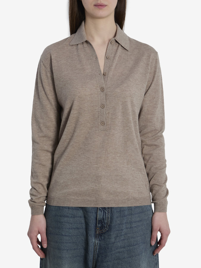 The Frankie Shop Tala Knit V-neck Polo Brown