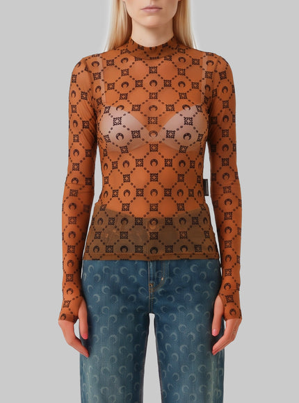 Marine Serre Monogram Mesh Flock Second Skin Top Brown