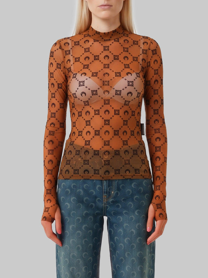 Marine Serre Monogram Mesh Flock Second Skin Top Brown