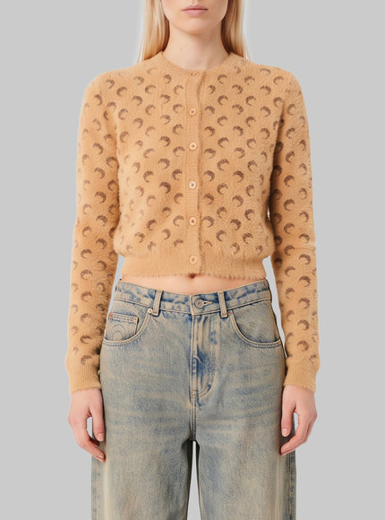 Marine Serre Fluffy Moon Jacquard Knit Cardigan Beige