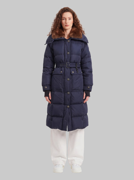 Moncler Grenoble Gelissette Long Down Jacket With Shearling Blue