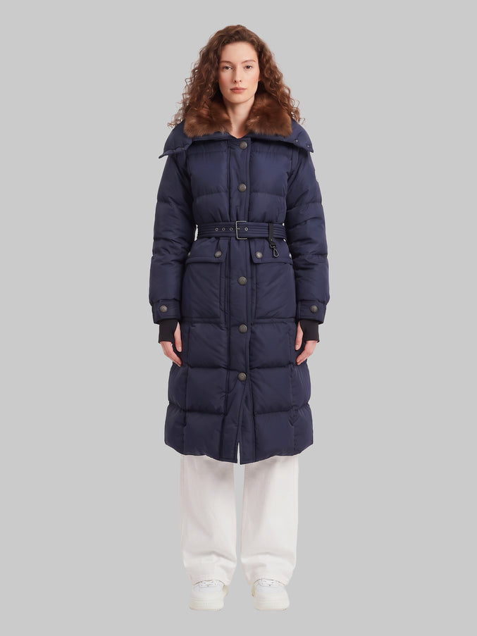 Moncler Grenoble Gelissette Long Down Jacket With Shearling Blue