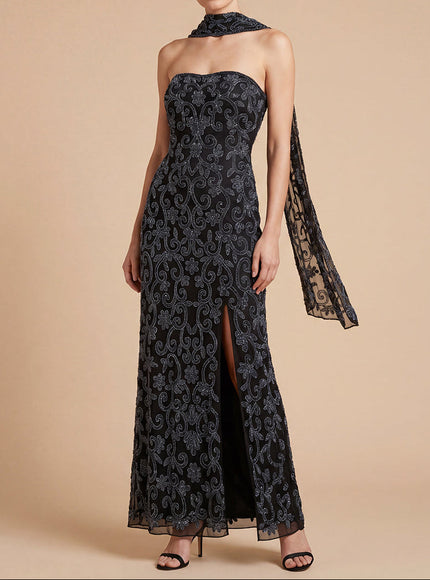 Strapless Beaded Gown with Scarf | Lara 9916 Black
