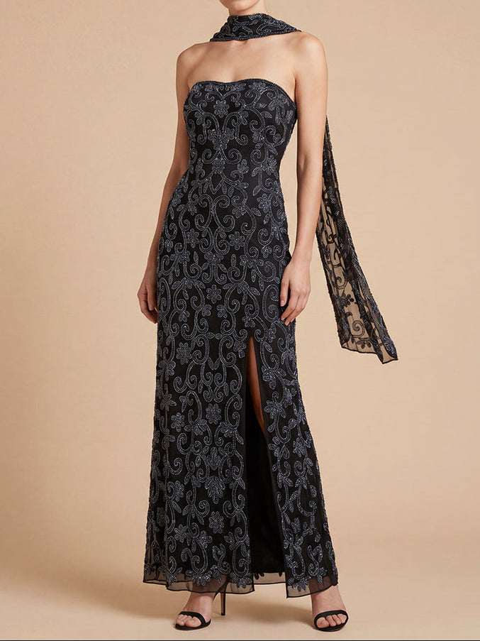 Strapless Beaded Gown with Scarf | Lara 9916 Black