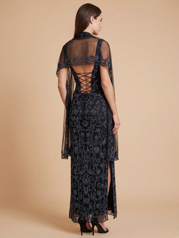 Strapless Beaded Gown with Scarf | Lara 9916