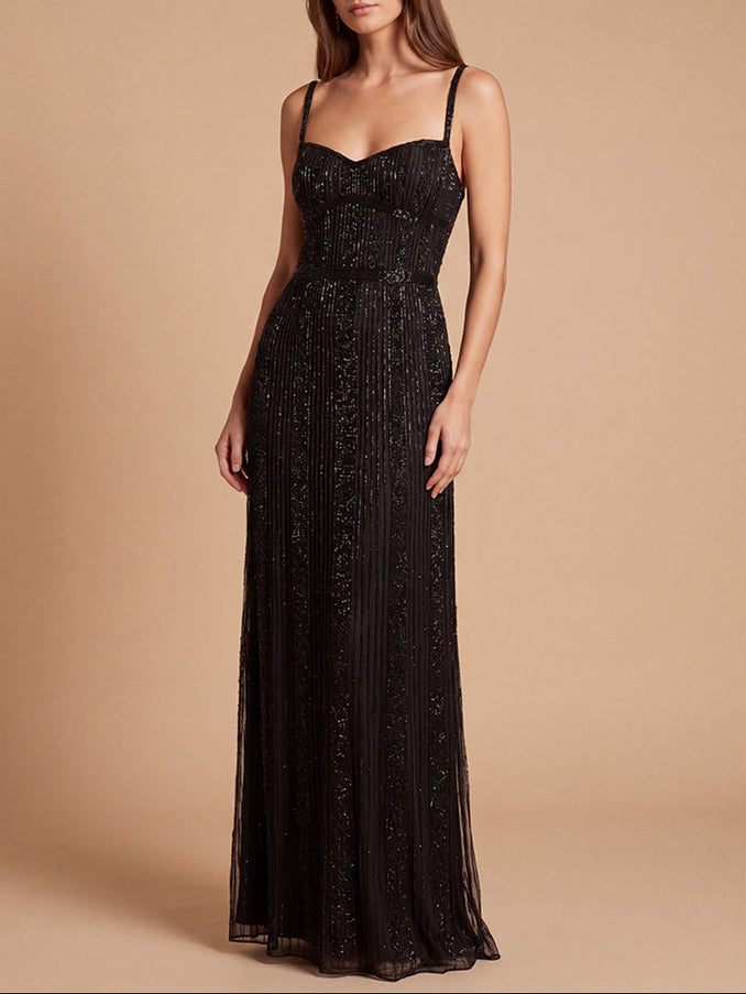 Spaghetti Strap Beaded Gown | Lara 9917 Black