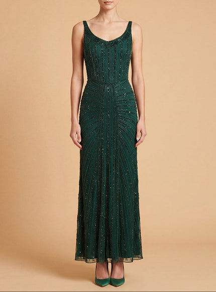 Beaded Subtle V-Neck Gown | Lara 9920 Dark Green