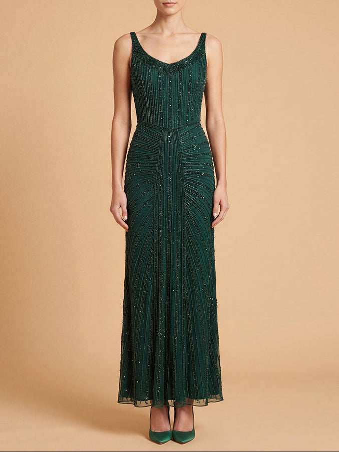 Lara New York Beaded Subtle V-Neck Gown 9920 Dark Green