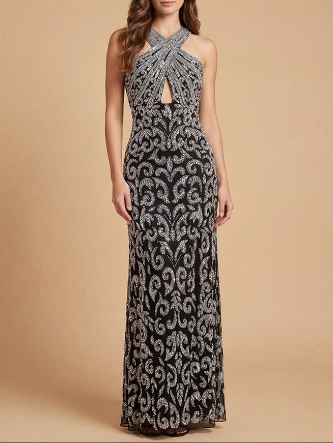 Beaded Cross Halter Dress | 9922 Black Silver