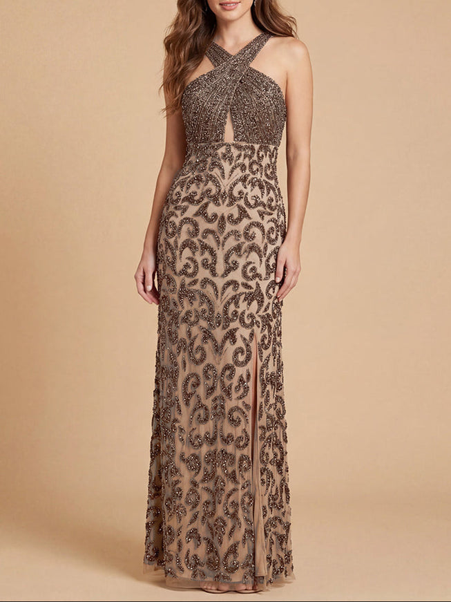 Beaded Cross Halter Dress | 9922 Nude Gunmetal