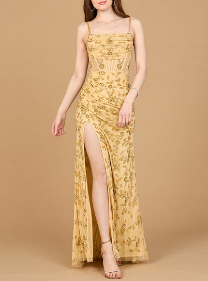 Lara Beaded Corset Gown with Slit Gold