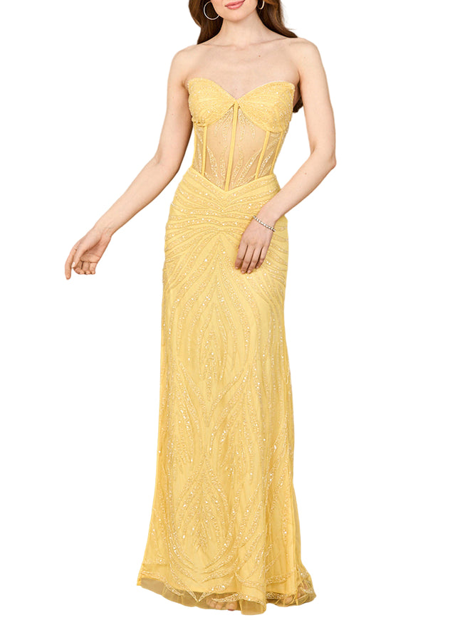 Lara Beaded Corset Prom Dress with Slit Lemon