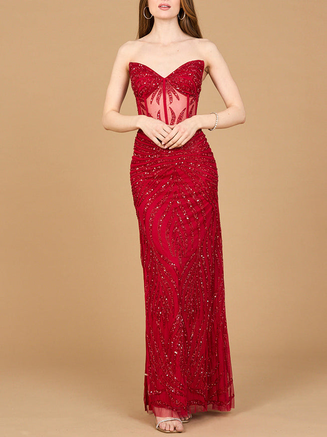 Lara Beaded Corset Prom Dress with Slit Red