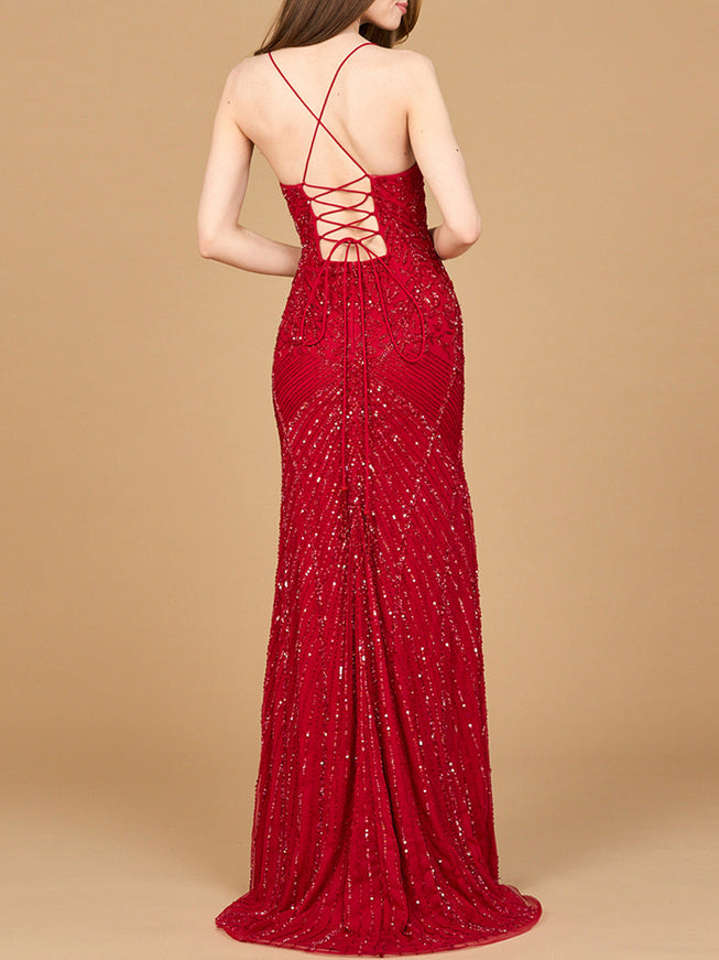 Lace Up Open Back Beaded Dress