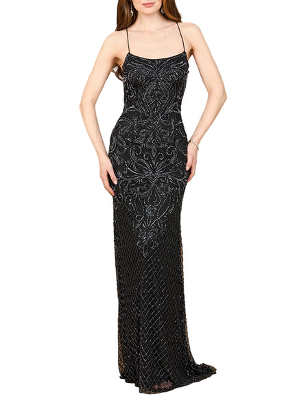 Lara Lace Up Open Back Beaded Dress Black Gunmetal