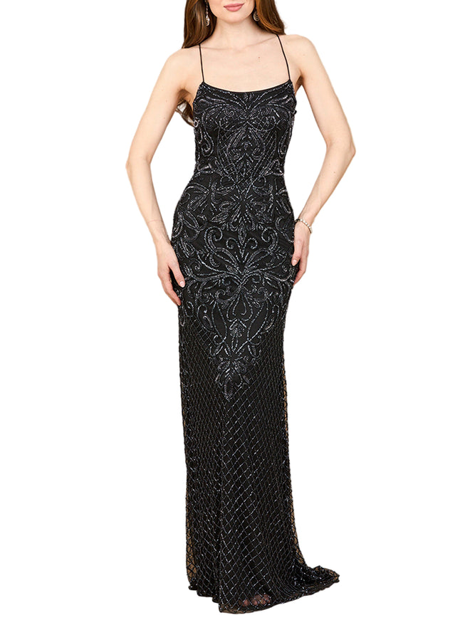 Lara Lace Up Open Back Beaded Dress Black Gunmetal