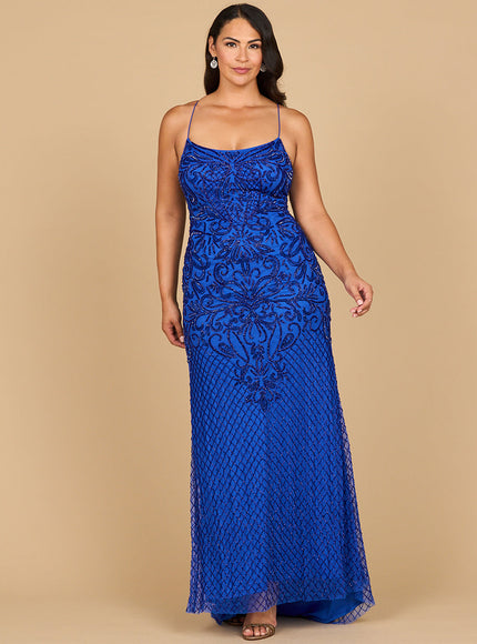 Lara Lace Up Open Back Beaded Dress Royal