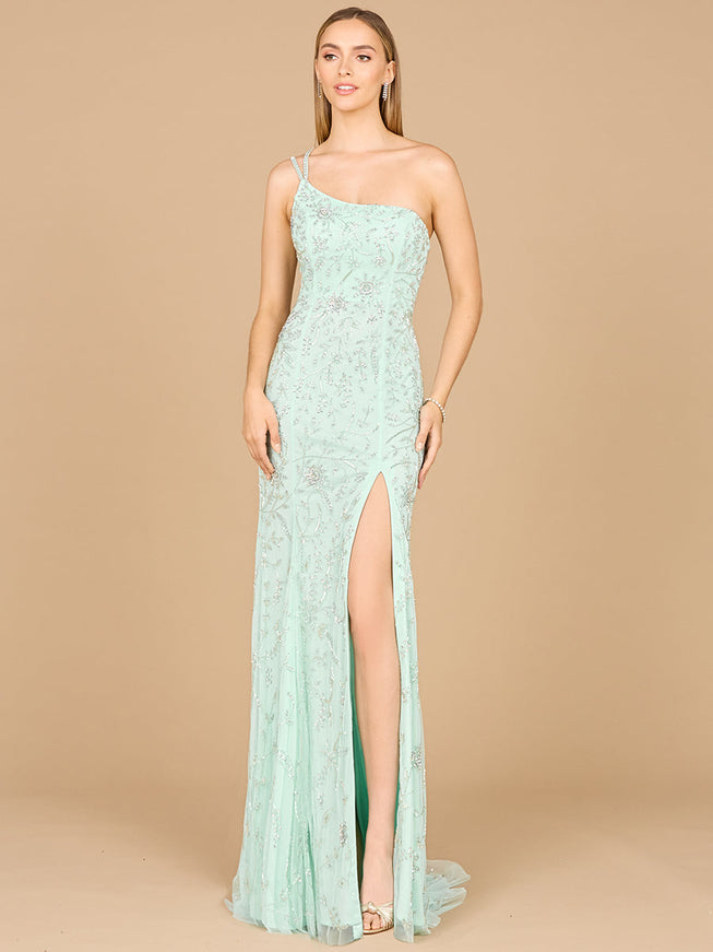 One Shoulder Beaded Gown with Slit