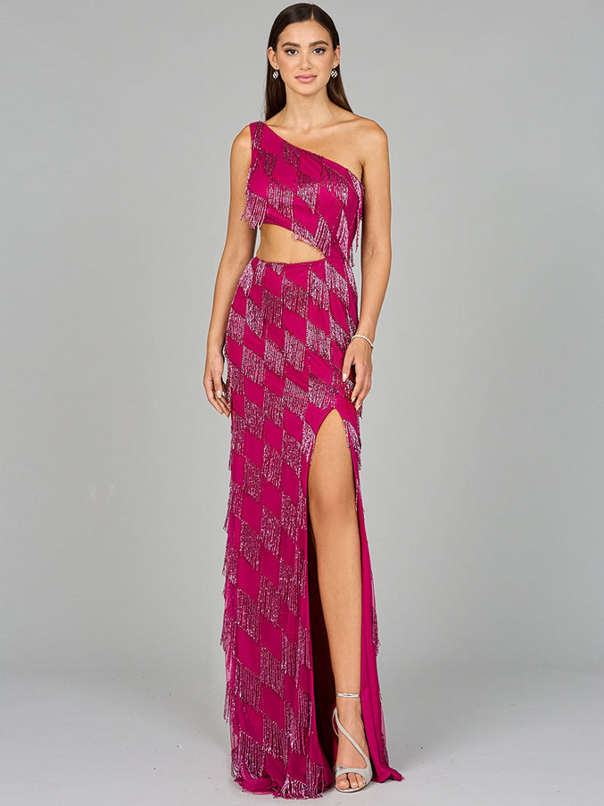 Lara One Shoulder Fringe Gown Raspberry