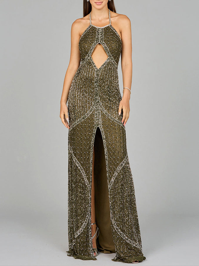 Symmetrical Halter Neck Beaded Gown - OUTLET Olive