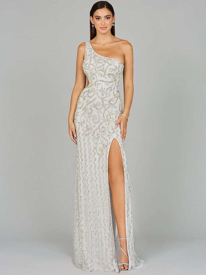 Lara New York 9947 One-Shoulder Beaded Gown with Slit Silver