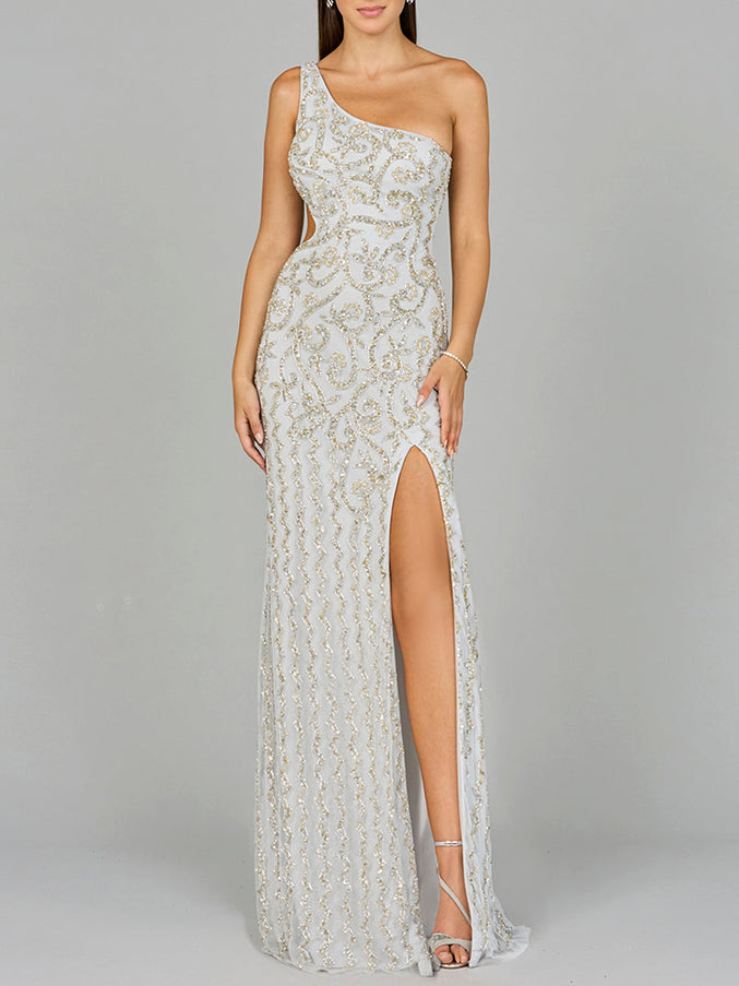 Lara New York 9947 One-Shoulder Beaded Gown with Slit