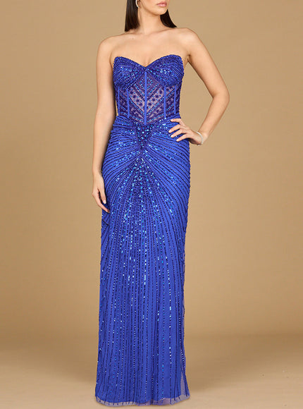 Lara Embellished Strapless Gown with Slit Sapphire