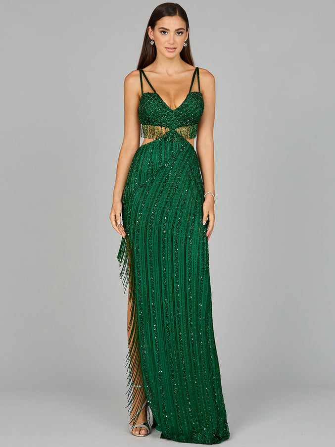 Lara New York 9957 Cutout Beaded Gown with Fringes