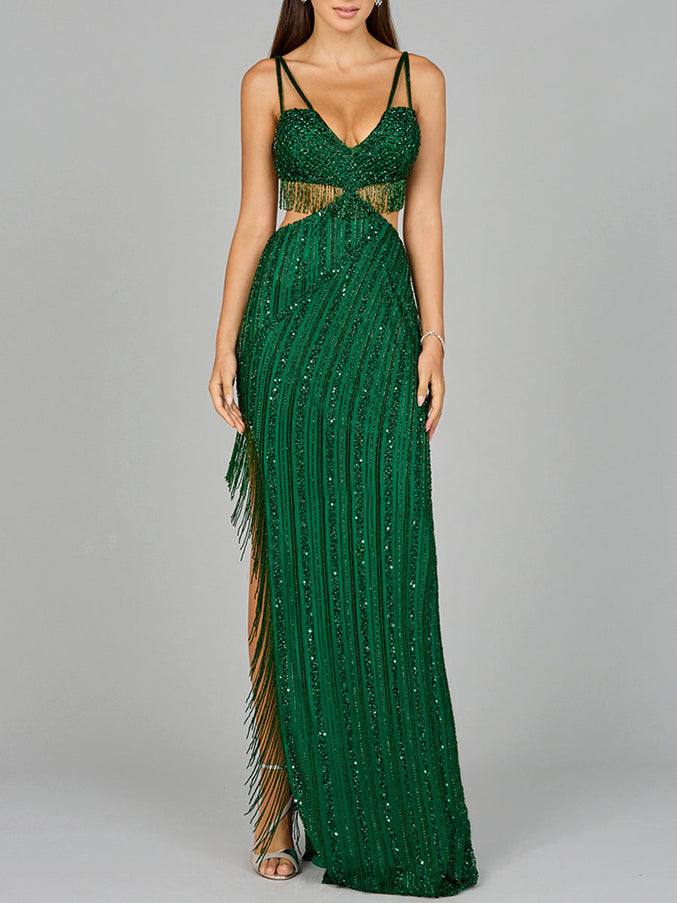 Lara New York 9957 Cutout Beaded Gown with Fringes Emerald