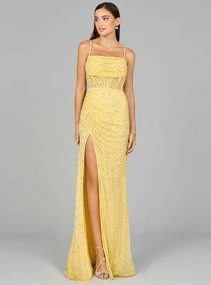 Lara Elegant Corset Gown with Slit Lemon