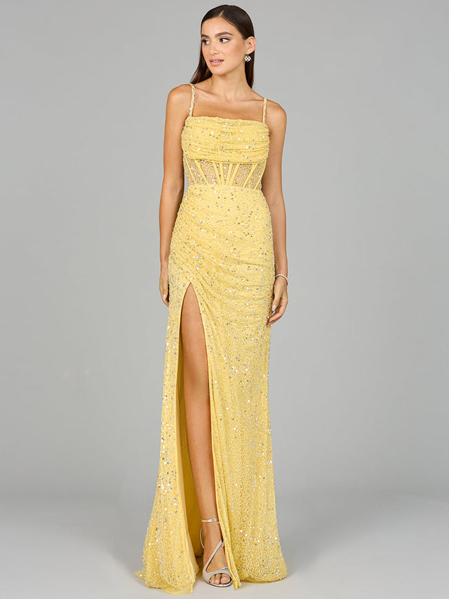 Lara Elegant Corset Gown with Slit Lemon